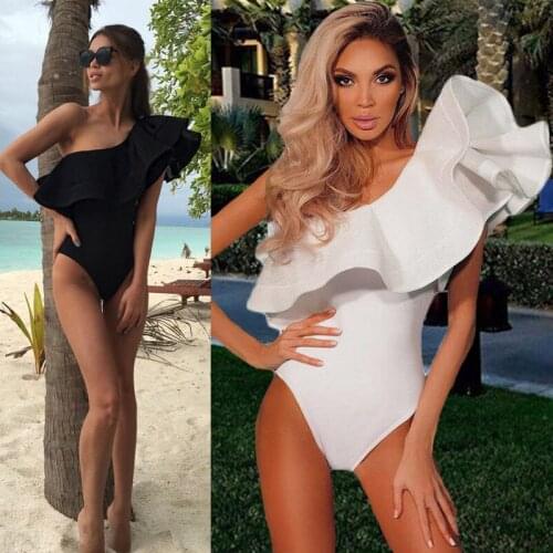 Women Sexy Solid One Shoulder Ruffled Bodysuit Leotard Tops Romper Mesh Bodysuits Casual Lady Streetwear Bodycon Female