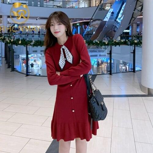 2020 Autumn and winter Korea Women Elegant Knee-length Dress Bow Tie Neck Lady Knit Dress Casual Long Sleeve Dress Vestidos