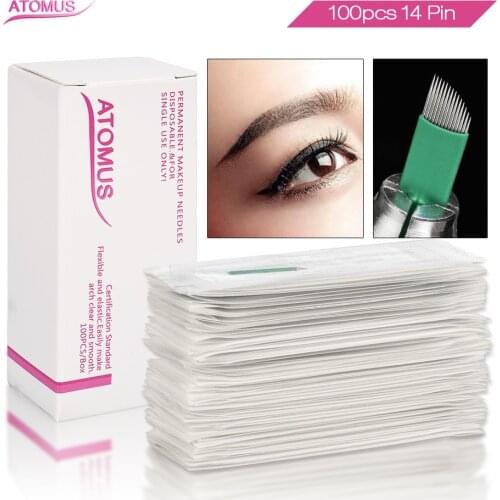 100pcs Laminas Tebori Microblading Sobrancelhas 14 Flex Green Agujas Microblading Needles 14 Permanent Makeup Eyebrow Blade