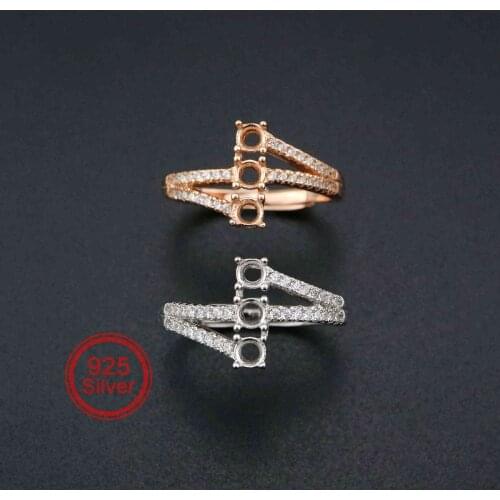 3MM Round Three Stones Rose Gold Plated Solid 925 Sterling Silver DIY Adjustable Prong Ring Settings Blank 1210061
