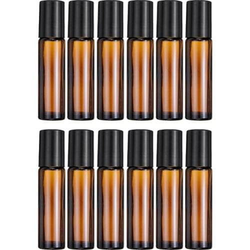 12pcs 10ml Amber Thin Glass Roll on Bottle Sample Test Essential Oil Vials Bottles Empty Thick Perfumes Aromatherapy Storing
