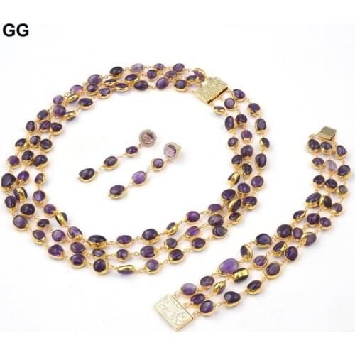 GG Jewelry Natural Amethysts Freeform With Electroplated Gold Color Edge Necklace Earrings Bracelet Sets Handmade For Women