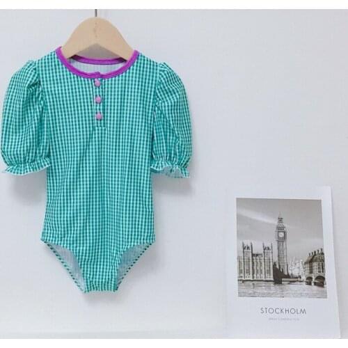 2021 New Summer Teenagers Girls Swimwear One Piecegreen Plaid Swimsuit Children Clothes E1630