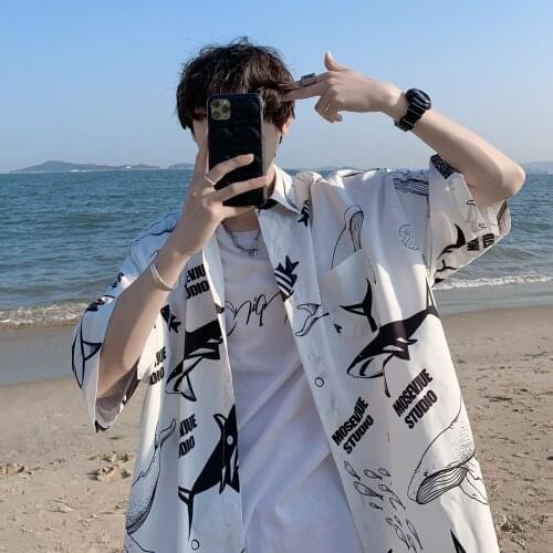 Summer Beach Harajuku Color Shark Print Casual Shirt Streetwear Men Shirts Trends Half Sleeve Male Vintage Korean Loose Clothes