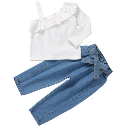 1-6Y Fashion Kids Girls Autumn Clothes Sets Solid One Shoulder Long Sleeve Tops Denim Pants With Belt
