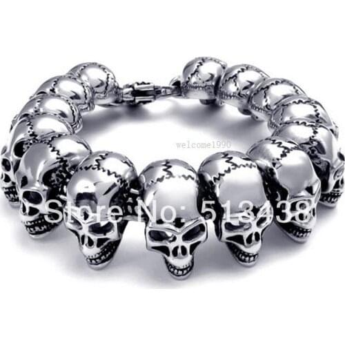 136g .24.3mm wide Mens heavy Cool Stainless steel Skeleton Skull biker Bracelet chain gothic Jewelry free shipping