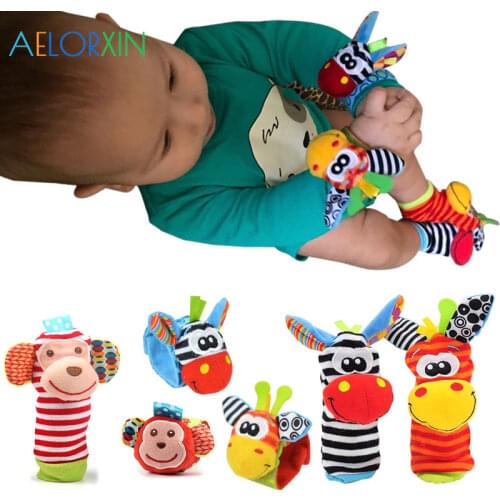 0-12 Months Cartoon Plush Socks Wrist Strap Rattles Animal Sock Foot Toy Soft Rattle Gift Baby Toys Newborn Infant Kids