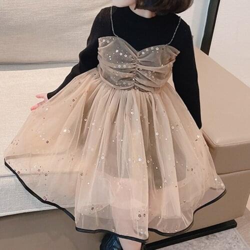 New Autumn Childrens Dress Net Yarn Stitching Long-sleeve Girl Dress Fashion Sequin Decoration Sweet Party Princess Dress