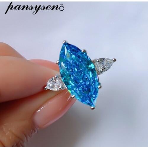 PANSYSEN 100% 925 Sterling Silver Marquise Cut Aquamarine Gemstone Engagement Ring Wedding Bands for Women Fine Jewelry Gifts