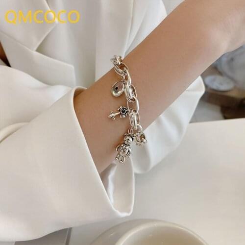 QMCOCO 925 Sterling Silver Bracelet New Fashion Vintage Punk Bear Round Geometry Pendant For Man Woman Party Jewelry Gifts