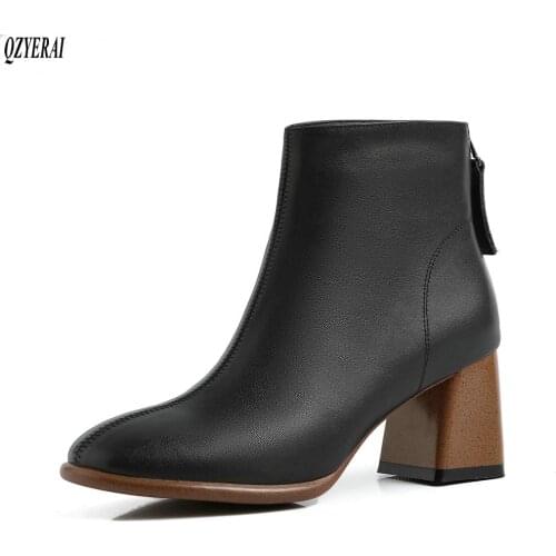 QZYERAI New style Genuine leather Womens boots Chelsea boots European style High heels cowhide Female boots Autumn winter shoes