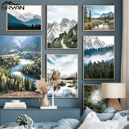 Nordic Forest Aero View Tree Snow Mountain Print Wall Art Canvas Picture Nature Landscape River Lake Painting Living Room Poster