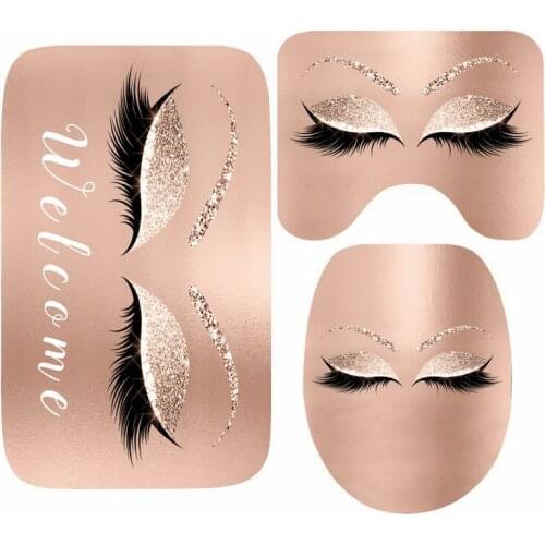 Stylish Rose Gold Glitter EyeLash Lashes Mat for Toilet Makeup Eyelash Bathroom Mat Set 3PCS Bath Shower Room Carpet Rug Cover