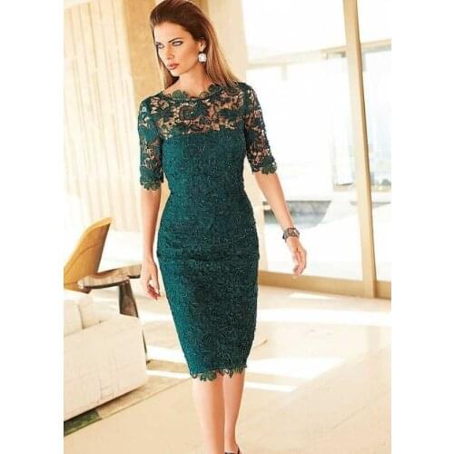 Gorgeous Lace Mother of the Bride Groom Dresses Sheath Column Tea Length Emerald Green Half Sleeves evening prom Party Gowns