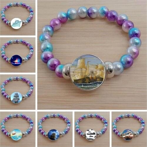 Vintage sailboat color pearl bracelet glass cabochon sailboat bracelet gift
