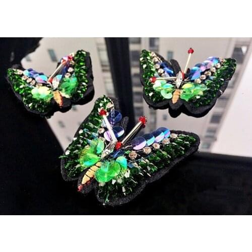 Green butterfly rhinestone beaded patches embroidered sew on patch applique jacket patches for clothes parches para la ropa