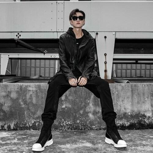 High Street Harajuku High Top Men Slip On Hosiery Boots Leather Patchwork Thick Bottom Increase Male Casual Sport Platform Boots