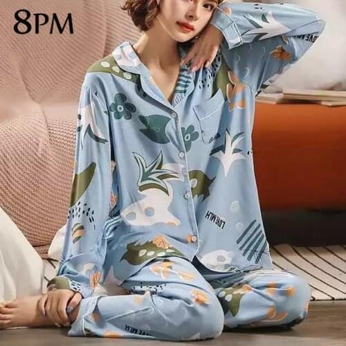Women Pure Cotton Pajamas Sets Long-Sleeved Trousers Ladies Pajamas Suit Flower Print Style Lovely Home Wear Long pajamas ouc690