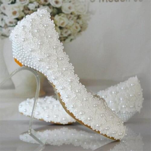 Women rhinestones Pumps shoes Sweet white flowers lace wedge heel shoes pearl wedding shoes