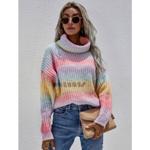 2021 Autumn Winter Rainbow Sweater Women Temperament Casual Striped Knitting High Neck Pullover Turtleneck Knitwear Tops Ins