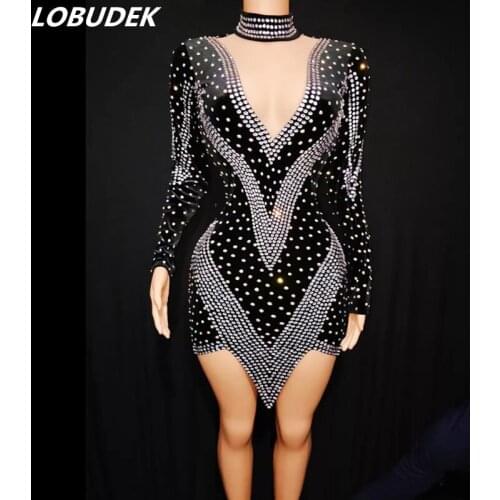 Latin Modern Dance Competition Irregular Rhinestones Dress Long Sleeve Black Velvet Women Performance Costume Dancer Stage Wear