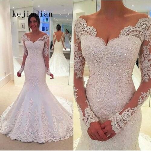 Vestido de noiva Long Sleeves Mermaid Wedding Dresses Sheer Tulle Back Sexy Mermaid Wedding Gowns Robe de mariage
