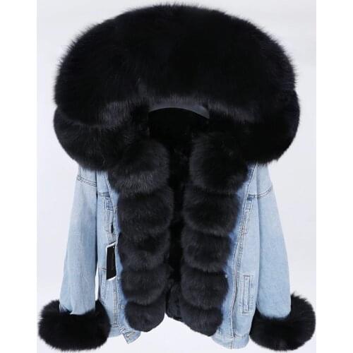 MAOMAOKONG winter denim jacket with large fur collar made of natural fox fur, loose, stylish, warm and removable rabbit fur lini