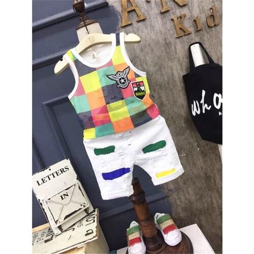2018 High quality kids clothes Summer new boy lattice hole kids clothes boys childrens leisure suit boys clothes
