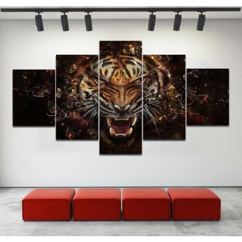 RELIABLI 5 panels Tiger Animal Painting Wall Art Canvas Print Modular Pictures Customsized Pictures For Living Room,Bedroom