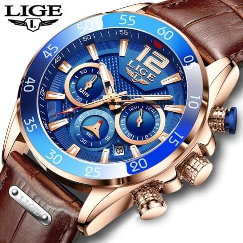 LIGE 2021 Casual Sport Watches for Men Blue Top Brand Luxury Military Leather Wrist Watch Man Clock Fashion Chronograph watch