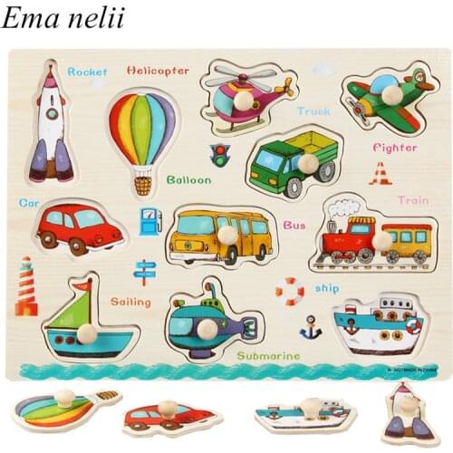 Montessori Wooden Puzzles Hand Grab Boards Toys Tangram Jigsaw Baby Educational Toys Cartoon Vehicle Animals Fruits 3D Puzzles
