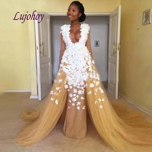 Champange Long Lace Evening Dresses Party Plus Size A Line Women Girl Detachable Skirt African Dinner Celebrity Prom Formal Gown