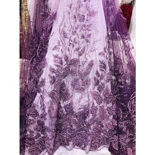 Purple New Arrival Wedding Lace Handmade Beads Lace Fabrics High Quality African Fabric Heavy Beaded Lace D199-20