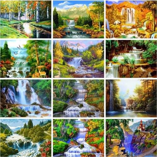 HUACAN 5D Full Drill Diamond Painting Waterfall Craft Kit Diamond Embroidery Landscape Mosaic Tree Handicraft Autumn Decoration