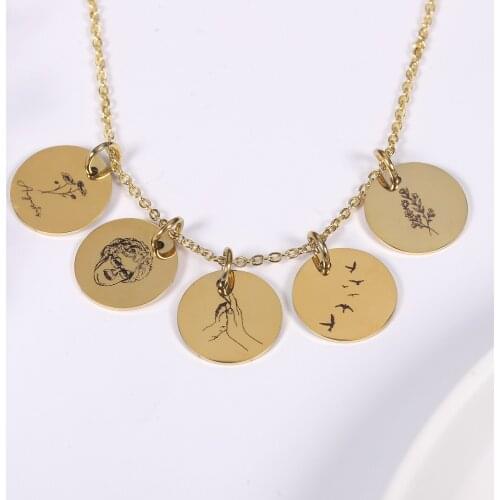 MYDIY Flower Engraved Customized Necklace Stainless Steel Initial Charm Disc Personalized Pendant Jewelry Birthday Gift Necklace