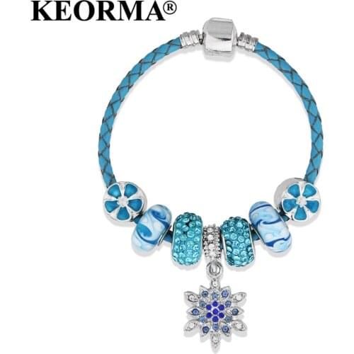 KEORMA 17-22cm Simple Style Snowflake Charm Bracelet & Bangle Blue Murano Beads Leather Bracelets For Women Girls Gift KM214