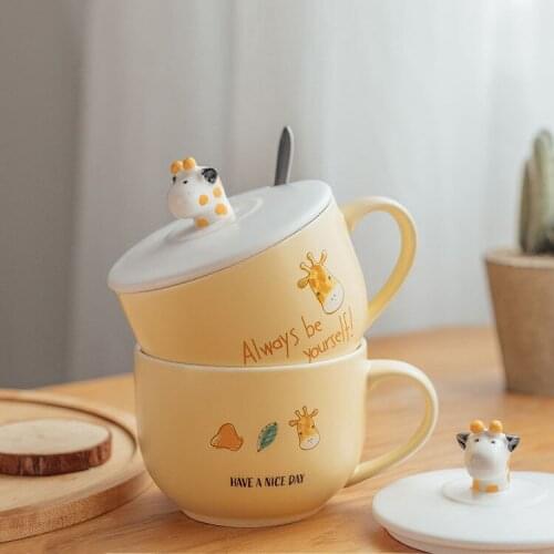 Large Capacity Mug with Lid Spoon Cup Cute Girl Household Ceramic Milk Oatmeal Breakfast Cup Microwaveable Mugs for Child