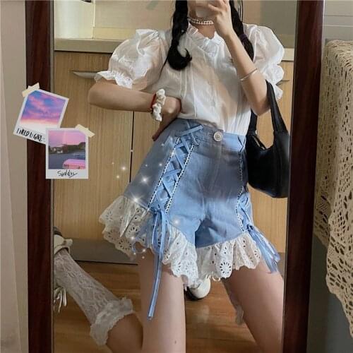Summer Sweet Lovely Teen Girls Jeans Shorts Casual Japanese Kawaii Lolita Lace Up Wide Leg Loose High-waist Pants Female Short