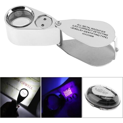 Metal Foldable Portable Magnifier Eye Loupe 40X Magnifying Glass with LED UV Light Lamp for Jewelry Diamond Banknote Checking