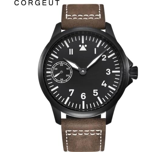 Corgeut 44mm Mens Watch 17 Jewels Mechanical Hand Winding Watch 3600 Movement 6497 Leather Sport Luminous Wristwatch Men