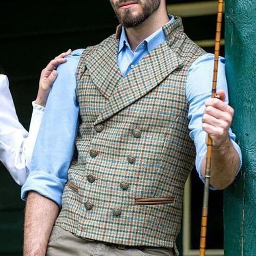 Men Vests Jackets 2021 Autumn Plaid Double Breasted Suit Collar Slim Vest Fashion Mens Jacket Plus Size Mens Clothing Coat Men