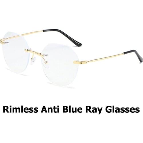 Blue Filter Rimless Glasses Computer Working Anti Eye Strain Glasses Men Women Round Metal Glasses Frame Fashion Home Glasses