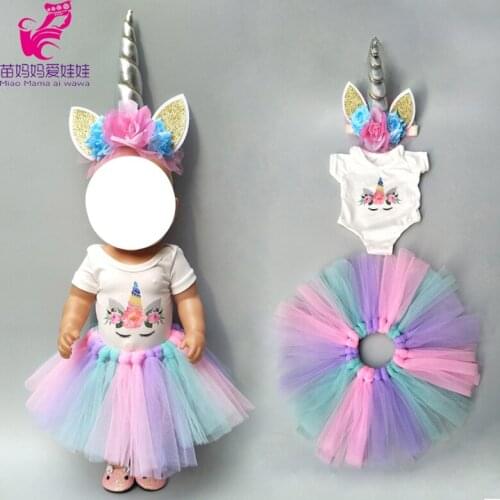 Doll clothes for 43cm Baby doll unicorn clothes dress doll head band for 18 inch doll clothes set