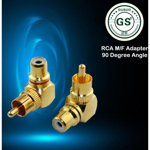 GUSUO 2PCS High Quality 90 Degree Angle RCA Male to Female Plug Adapter M/F M/2F Audio Plug Gold-plated