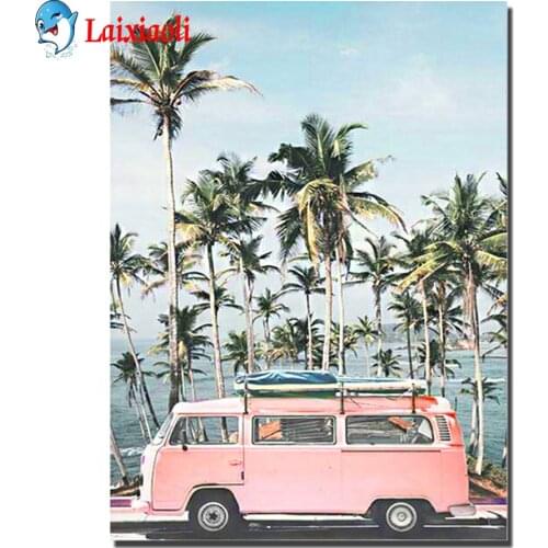Full drill round square Diamond Embroidery nordic beach pink bus 5d diamond painting kits Seaside coconut tree Diamond Mosaic