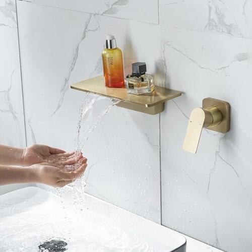 Basin Faucet Bathroom Wall Mounted Waterfall Sink Tap Brush Gold Dressing Holder Concealed Basin Faucet
