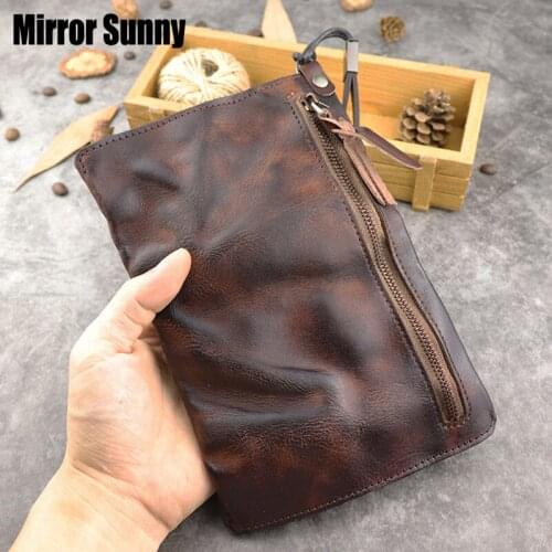New Style Washed Top Layer Cowhide Genuine Leather Mobile Phone Bag Mens Long Wallet Large Capacity Card Bag Wristband Purse