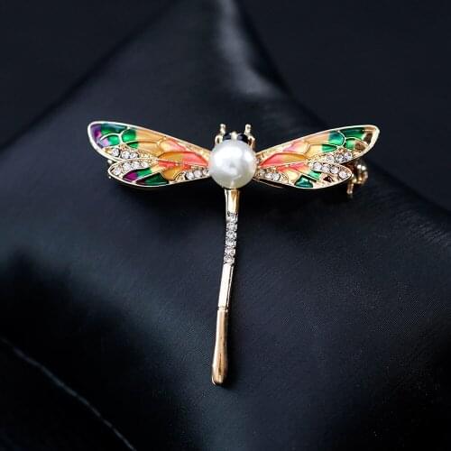 Trendy Dragonfly Insect Shape Pearl Crystal Brooches For Women Girl Corsage Jewelry Gifts Charm Accessories