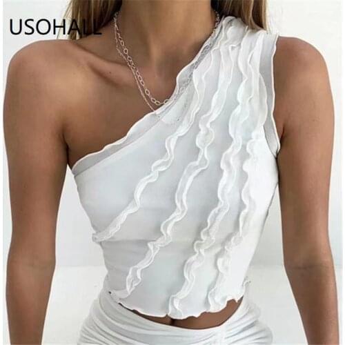 USOHALL Summer New Inclined Shoulder Tank Top Women Slim Off Shoulder Sleeveless Crop Tops
