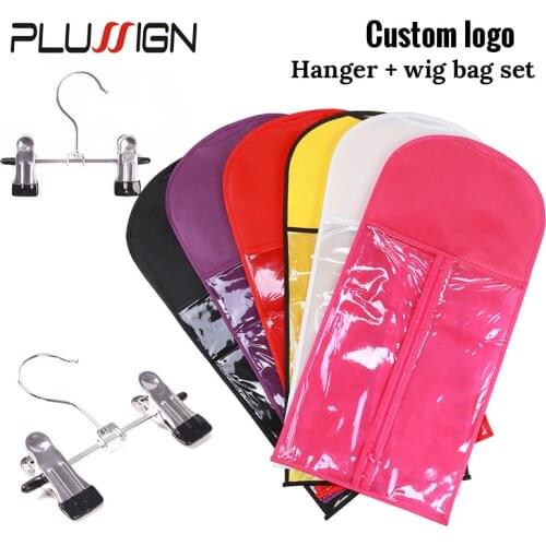 Custom Logo Wig Bags Organizer Hanger Black Pink Hair Extension Wig Storage With Hanger 20Sets Hairpieces Wig Storage Bag